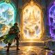 A cloaked adventurer faces three luminous dungeon doorways with a small lantern companion.
