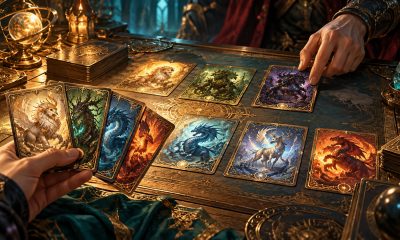 Illustrated fantasy creature cards arranged across a warmly lit tabletop.
