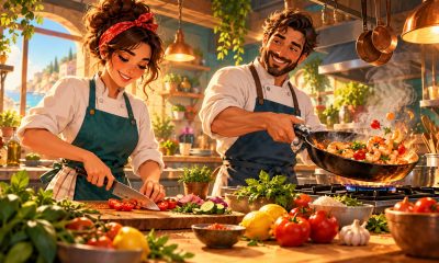 Two illustrated chefs prepare vegetables and a steaming meal together in a warmly lit kitchen.