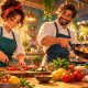 Two illustrated chefs prepare vegetables and a steaming meal together in a warmly lit kitchen.