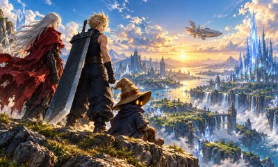 Final Fantasy-inspired adventurers overlook a crystal-filled valley beneath a distant airship.