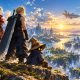 Final Fantasy-inspired adventurers overlook a crystal-filled valley beneath a distant airship.
