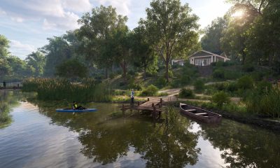 A quiet lakeside fishing spot with reeds, a wooden landing, and small boats in Fishing Planet.