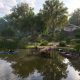 A quiet lakeside fishing spot with reeds, a wooden landing, and small boats in Fishing Planet.