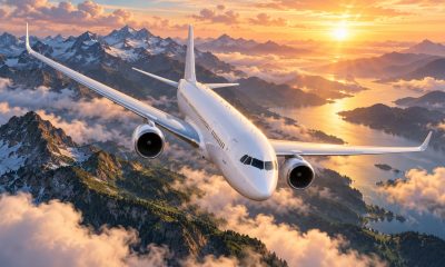An illustrated unbranded airliner banks above a mountain valley and lake at sunrise.