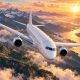 An illustrated unbranded airliner banks above a mountain valley and lake at sunrise.