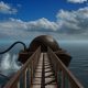A narrow wooden bridge leads toward a domed building above the sea in Riven.
