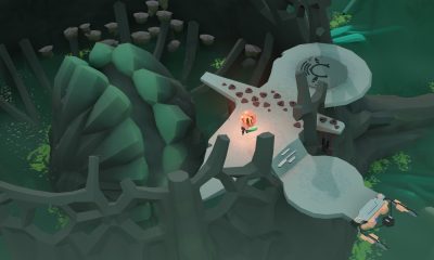 A tiny traveler carries an orb through a green, rocky landscape in COCOON.