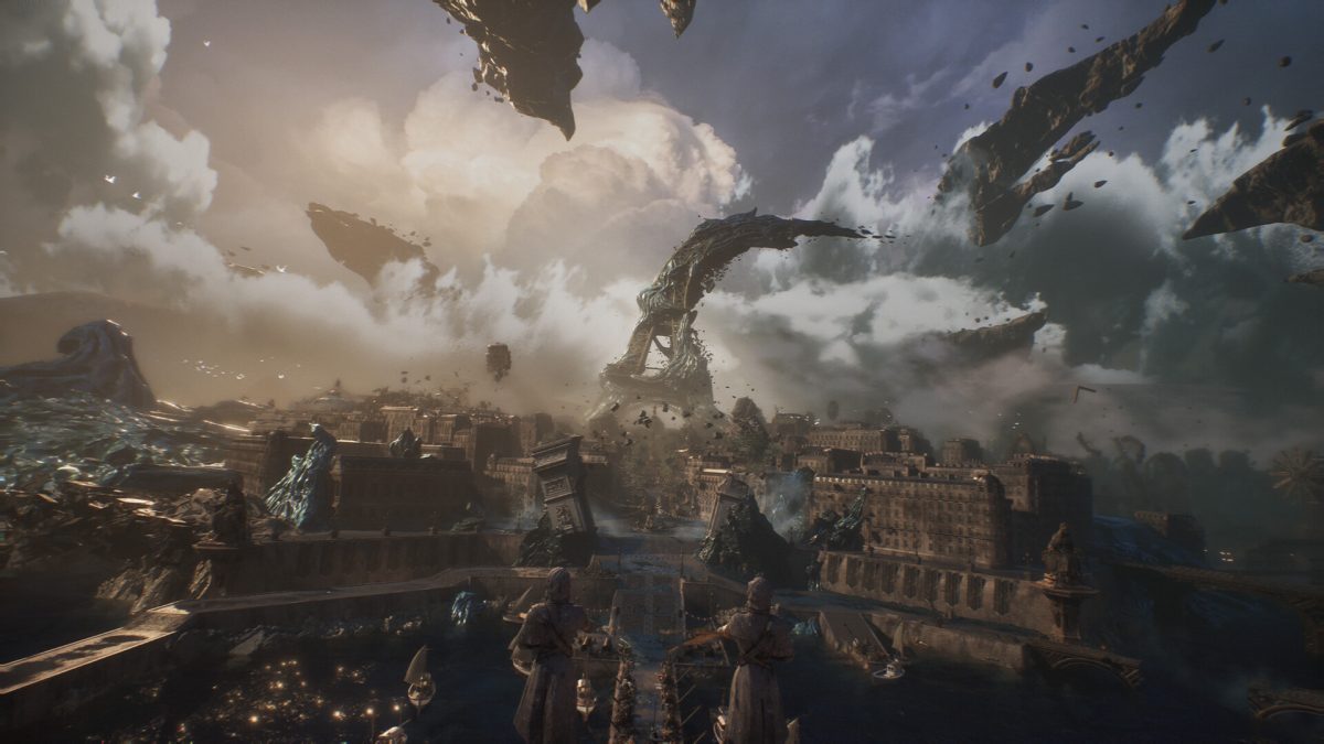 A fantastical city and distant mountains spread beneath dramatic clouds in Clair Obscur: Expedition 33.