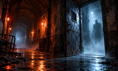 An ominous silhouette stands behind an open iron door in a misty, dimly lit corridor.