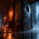 An ominous silhouette stands behind an open iron door in a misty, dimly lit corridor.