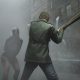 James Sunderland holds a wooden weapon in a foggy street as a creature approaches in Silent Hill 2.