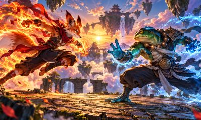 Two original fantasy fighters face each other on a floating arena amid fire and blue light.