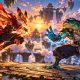 Two original fantasy fighters face each other on a floating arena amid fire and blue light.