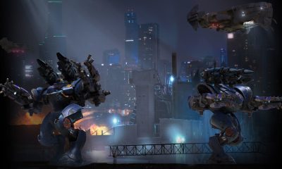 Two heavily armed combat robots face each other in a futuristic city in War Robots artwork.
