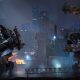 Two heavily armed combat robots face each other in a futuristic city in War Robots artwork.