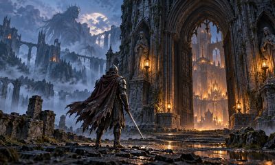 A cloaked armored wanderer faces the entrance of a ruined gothic sanctuary lit by lanterns.