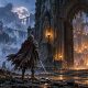 A cloaked armored wanderer faces the entrance of a ruined gothic sanctuary lit by lanterns.