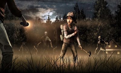 Clementine faces a walker while holding a knife in The Walking Dead artwork.