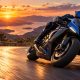 A motorcycle rider leans into a mountain-road bend above a lake at sunset.