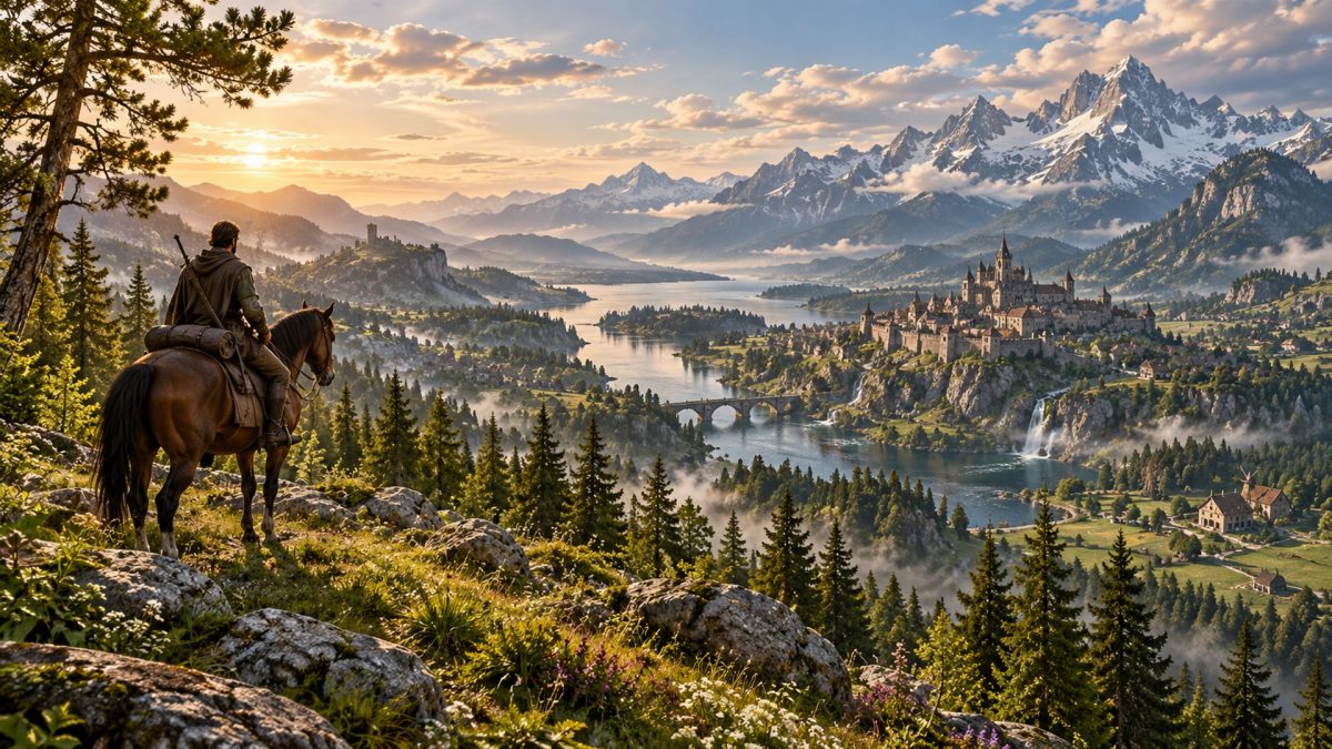 A traveler on horseback overlooks a river valley, pine forests, a settlement and distant snowy mountains.