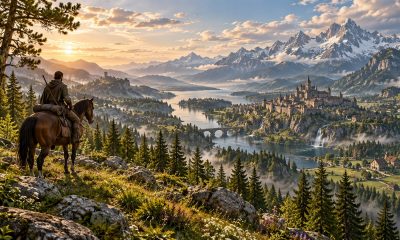 A traveler on horseback overlooks a river valley, pine forests, a settlement and distant snowy mountains.