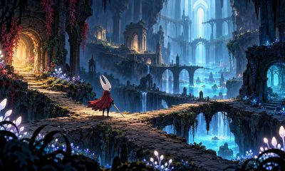 A small masked adventurer stands among branching passages and glowing pools in a ruined underground sanctuary.