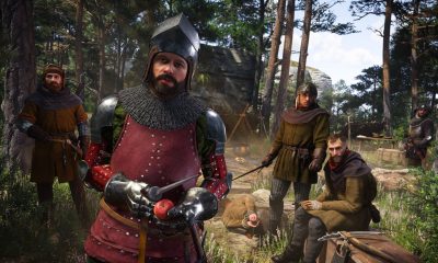 Medieval travelers stand beside a horse in a wooded landscape in Kingdom Come: Deliverance II.