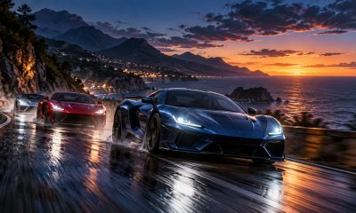Three unbranded sports cars race along a wet coastal road at dusk.