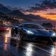 Three unbranded sports cars race along a wet coastal road at dusk.