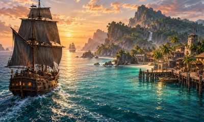 A wooden sailing ship approaches a tropical island harbor in warm evening light.