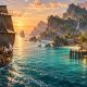 A wooden sailing ship approaches a tropical island harbor in warm evening light.