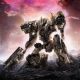 An armored combat mech stands amid ruined structures beneath a red and gray sky in Armored Core VI artwork.
