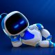 Astro, a small white and blue robot, poses against a deep blue background.
