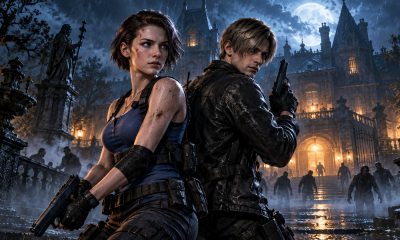 Original illustration of Jill Valentine and Leon Kennedy outside a moonlit mansion with distant infected figures.