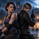 Original illustration of Jill Valentine and Leon Kennedy outside a moonlit mansion with distant infected figures.
