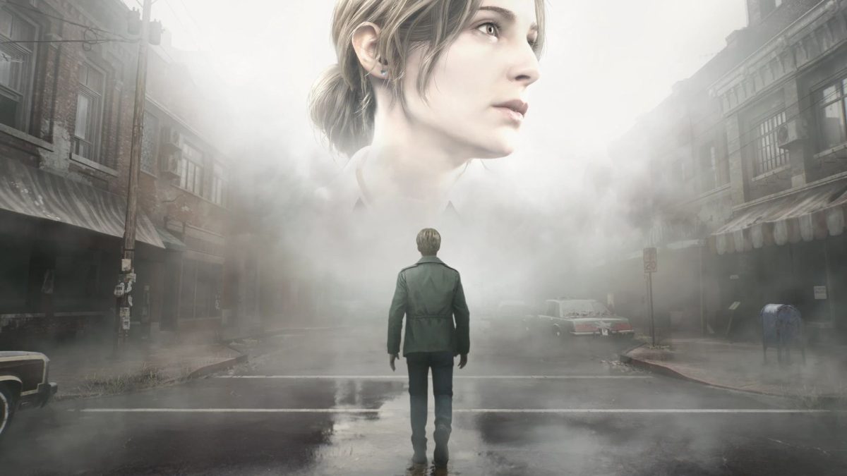 A woman’s portrait appears above James Sunderland in a fog-covered street in Silent Hill 2 artwork.