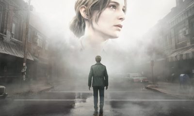 A woman’s portrait appears above James Sunderland in a fog-covered street in Silent Hill 2 artwork.