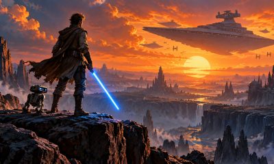 A Jedi with a blue lightsaber and a small droid overlook an alien landscape beneath a Star Destroyer.