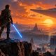A Jedi with a blue lightsaber and a small droid overlook an alien landscape beneath a Star Destroyer.