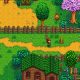 A farmer walks through a colorful village square in Stardew Valley.