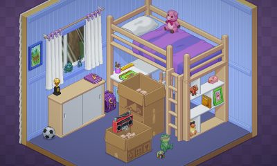 Unpacked belongings fill a cozy bedroom with a loft bed in Unpacking.
