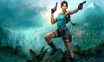 Lara Croft holds two pistols above an overgrown ancient ruin in Tomb Raider artwork.