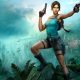Lara Croft holds two pistols above an overgrown ancient ruin in Tomb Raider artwork.