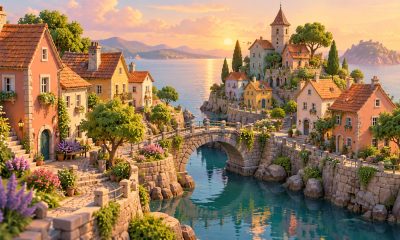 Pastel village houses and flowering gardens surround a stone bridge above a narrow stream.