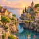 Pastel village houses and flowering gardens surround a stone bridge above a narrow stream.