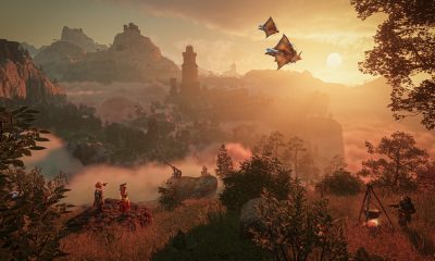 A winged creature flies above a sunlit valley and ancient ruins in Enshrouded.