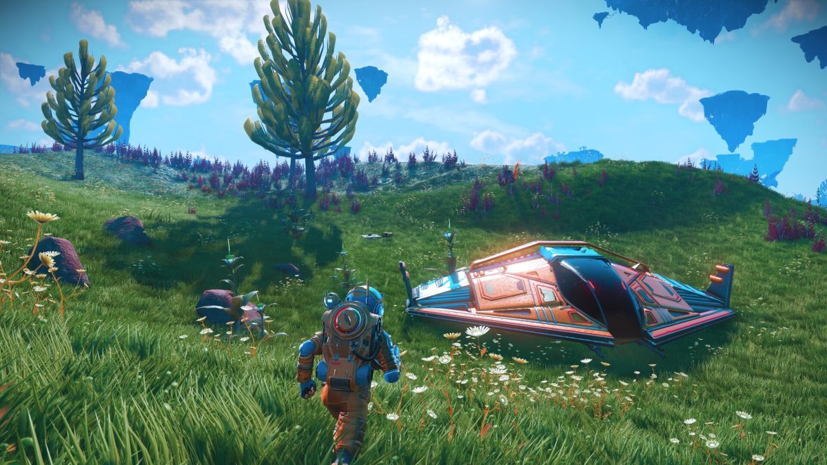 A space traveler stands beside a landed starship on a grassy planet in No Man's Sky.