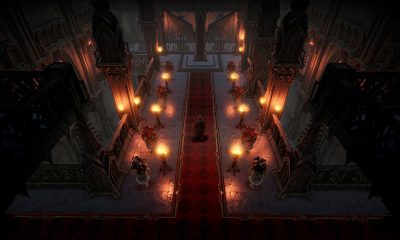 Candlelight illuminates a red-carpeted hall inside a stone castle in V Rising.