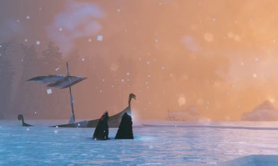 Snow falls across a misty stretch of water in Valheim.